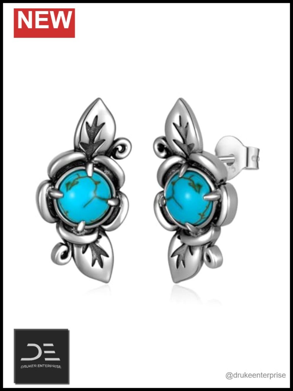 Genuine Turquoise Drop Dangle Earrings 925 Sterling Silver Boho Leaf Vintage